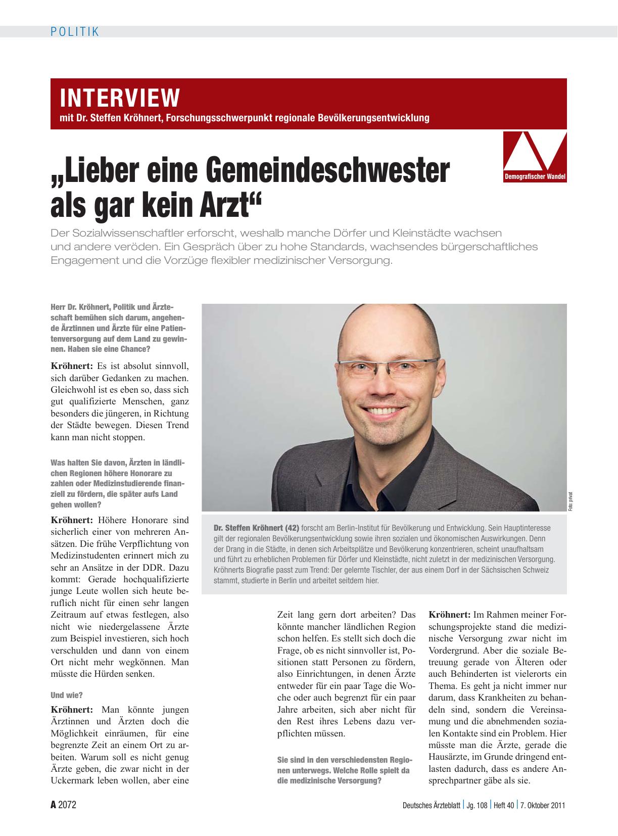 Vorschauseite 1: Interview mit Dr. Steffen Kröhnert, Forschungsschwerpunkt regionale Bevölkerungsentwicklung: „Lieber eine Gemeindeschwester als gar kein Arzt“