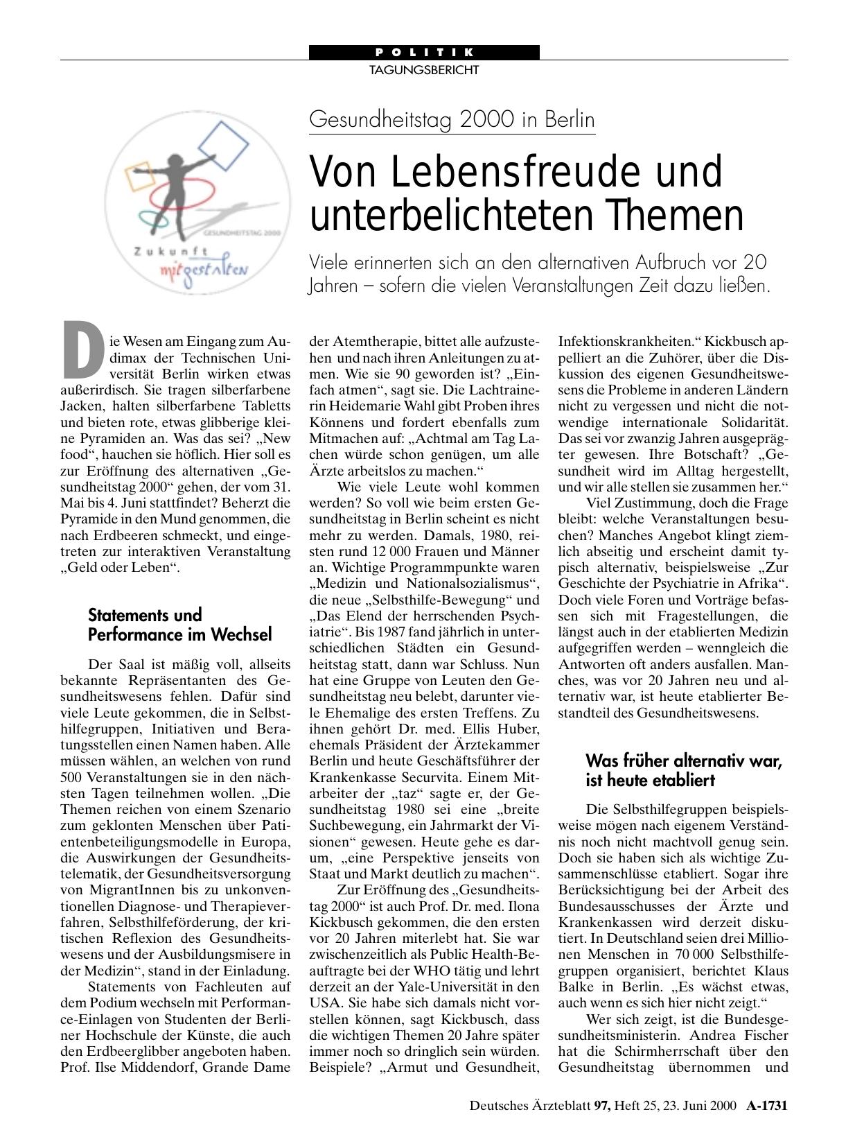 Vorschauseite 1: Gesundheitstag 2000 in Berlin: Von Lebensfreude und unterbelichteten Themen