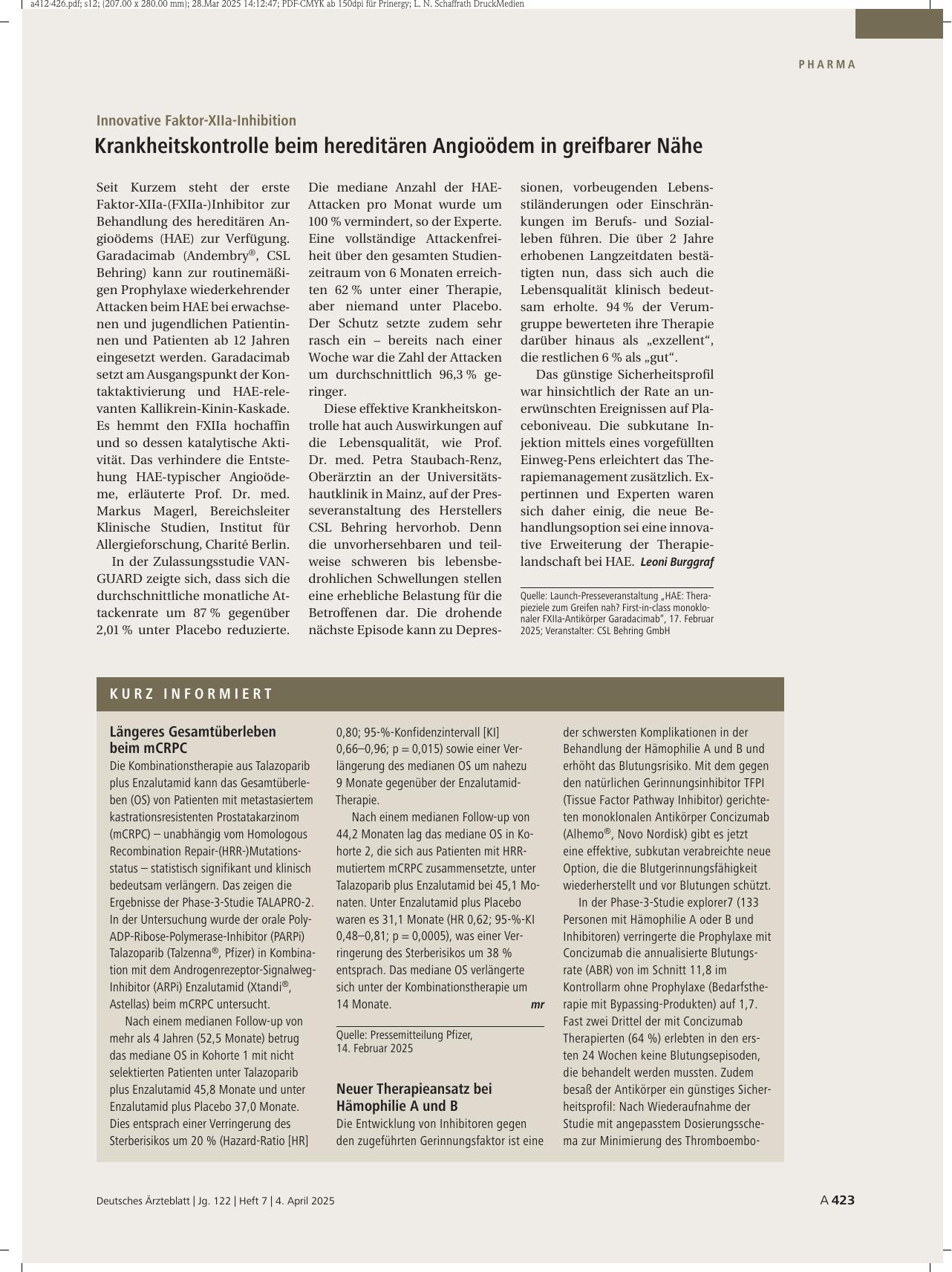 Vorschauseite 1: Innovative Faktor-XIIa-Inhibition: Krankheitskontrolle beim hereditären Angioödem in greifbarer Nähe