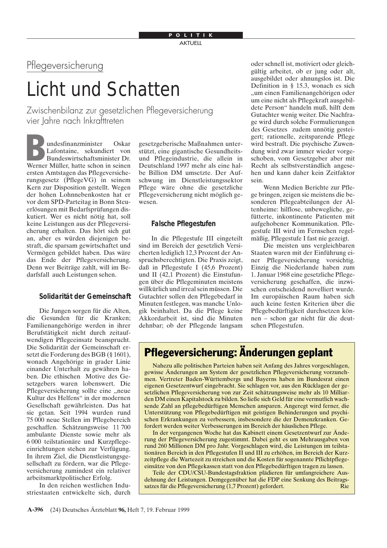 Vorschauseite 1: Pflegeversicherung: Änderungen geplant