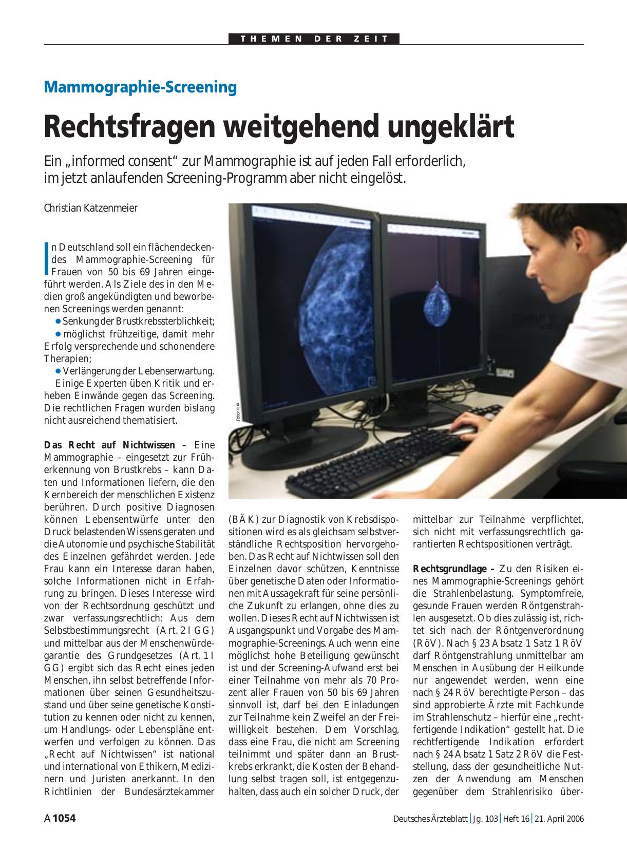 Vorschauseite 1: Mammographie-Screening: Rechtsfragen weitgehend ungeklärt