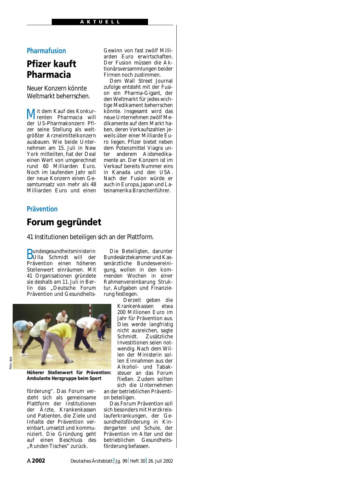 Vorschauseite 1: Pharmafusion: Pfizer kauft Pharmacia