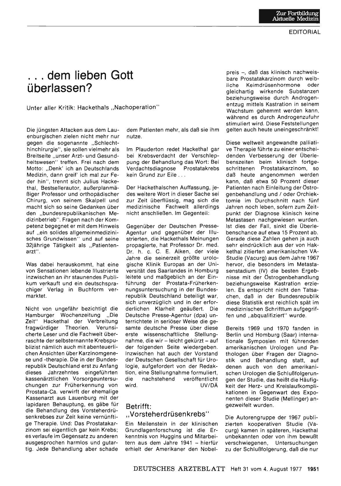 Vorschauseite 1: . .. dem lieben Gott überlassen? - Unter aller Kritik: Hackethals „Nachoperation“
