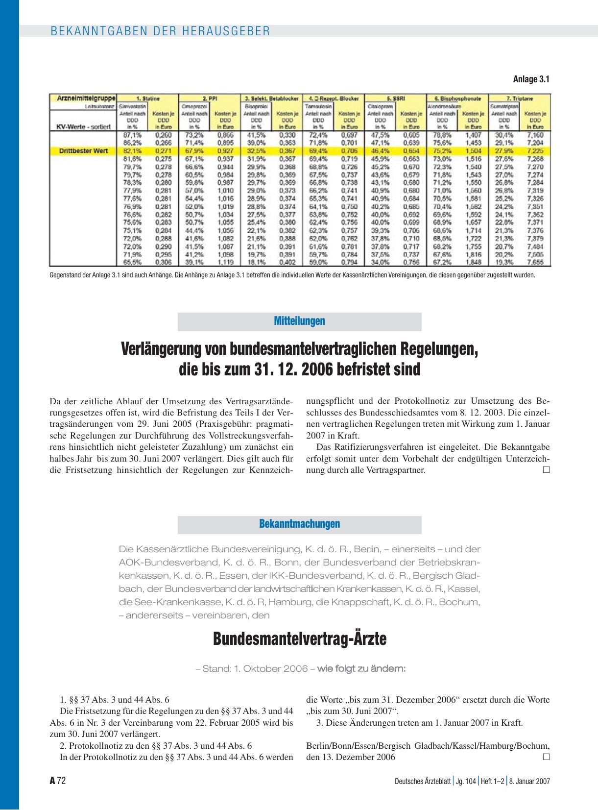 Vorschauseite 1: Bekanntmachungen: Vereinbarung, den Bundesmantelvertrag-Ärzte – Stand: 1. Oktober 2006 – wie folgt zu ändern