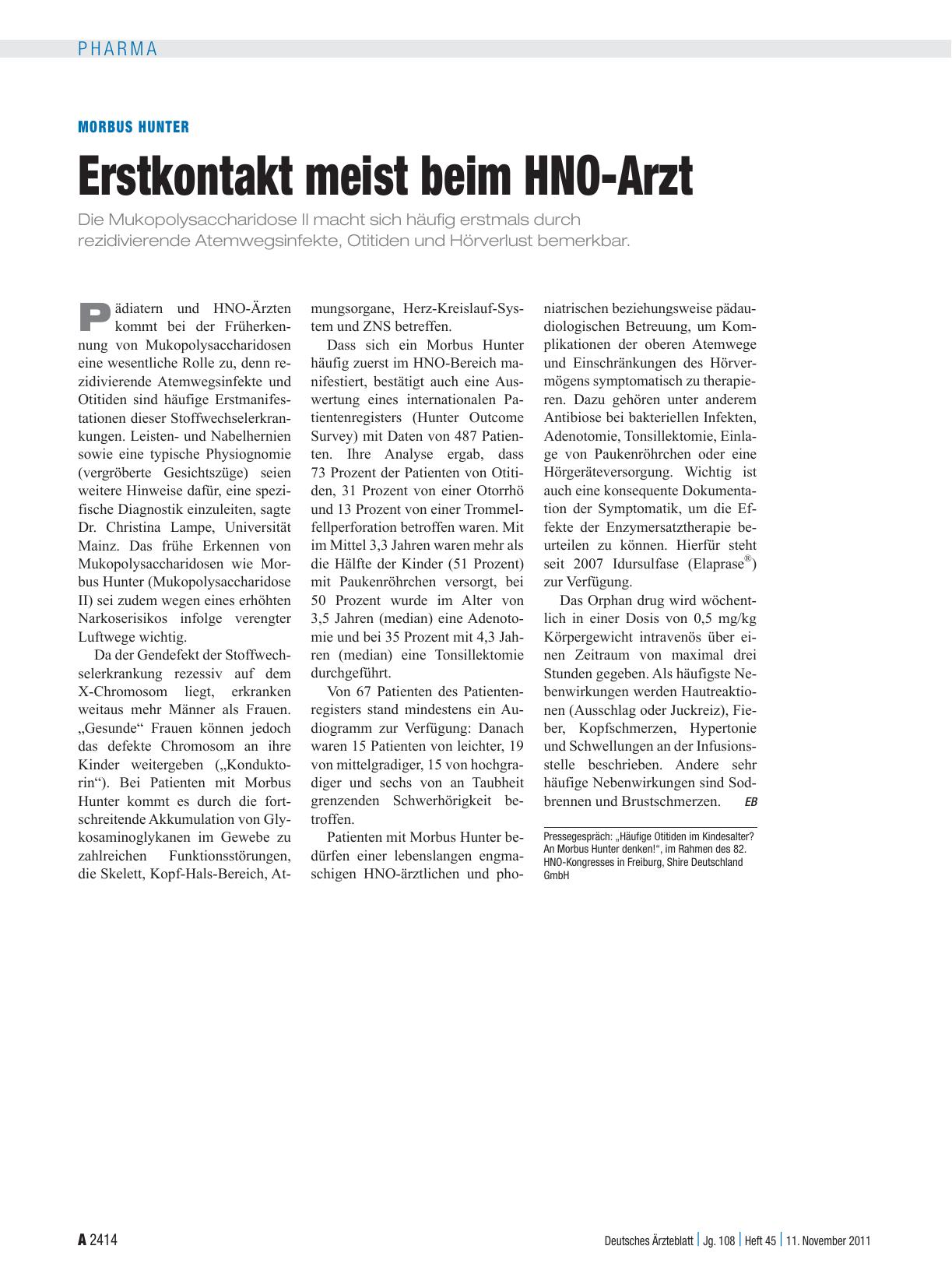 Vorschauseite 1: Morbus Hunter: Erstkontakt meist beim HNO-Arzt