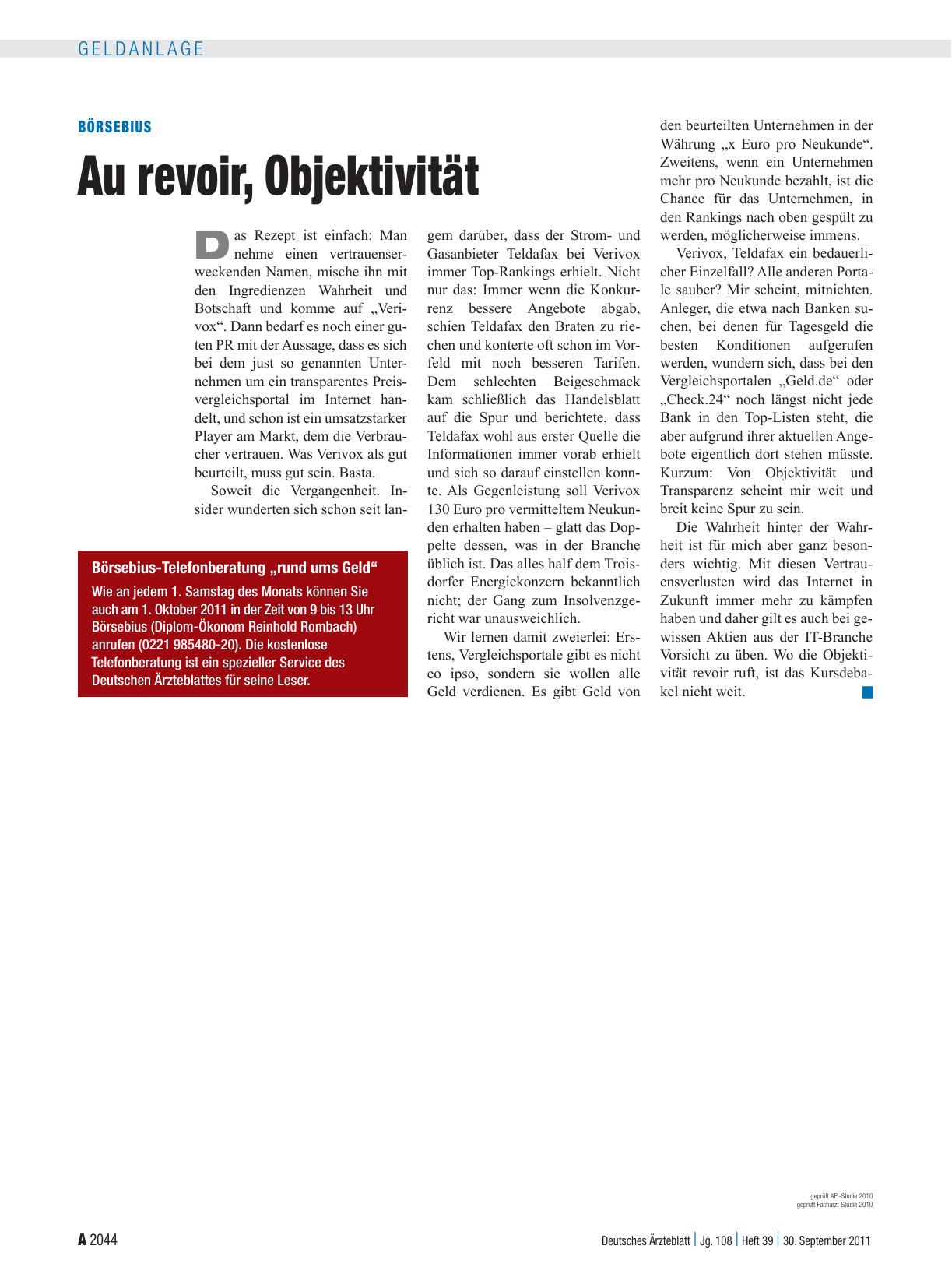 Vorschauseite 1: Börsebius: Au revoir, Objektivität