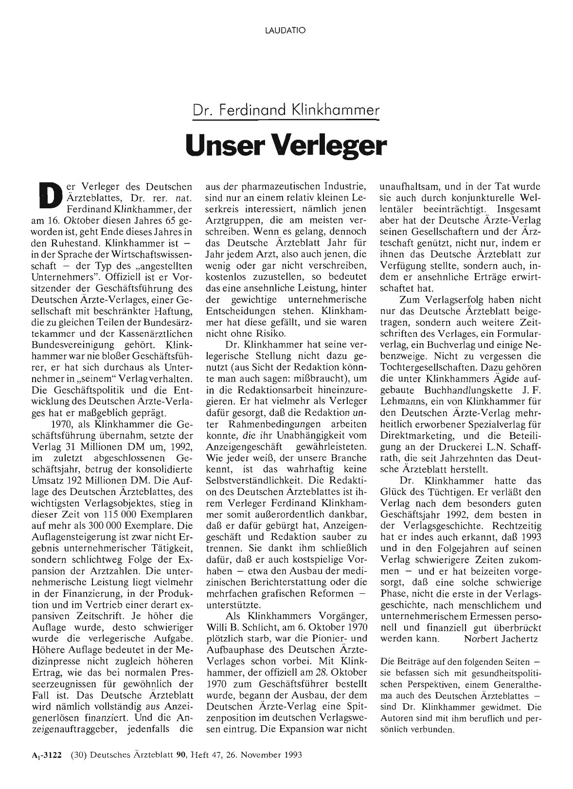 Vorschauseite 1: Dr. Ferdinand Klinkhammer: Unser Verleger