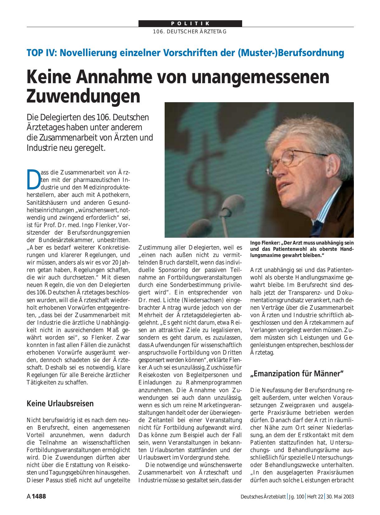 Vorschauseite 1: TOP IV - Novellierung einzelner Vorschriften der (Muster-)Berufsordnung: Keine Annahme von unangemessenen Zuwendungen