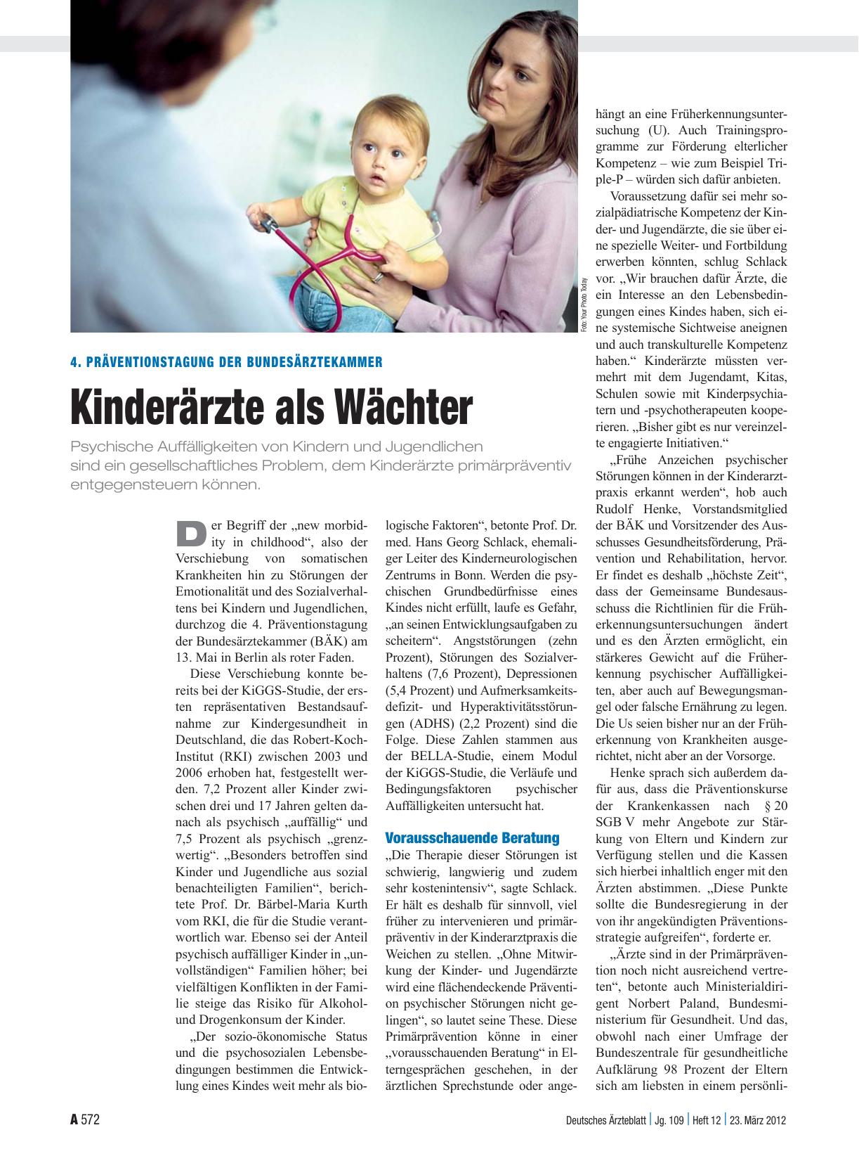 Vorschauseite 1: 4. Präventionstagung der Bundesärztekammer: Kinderärzte als Wächter