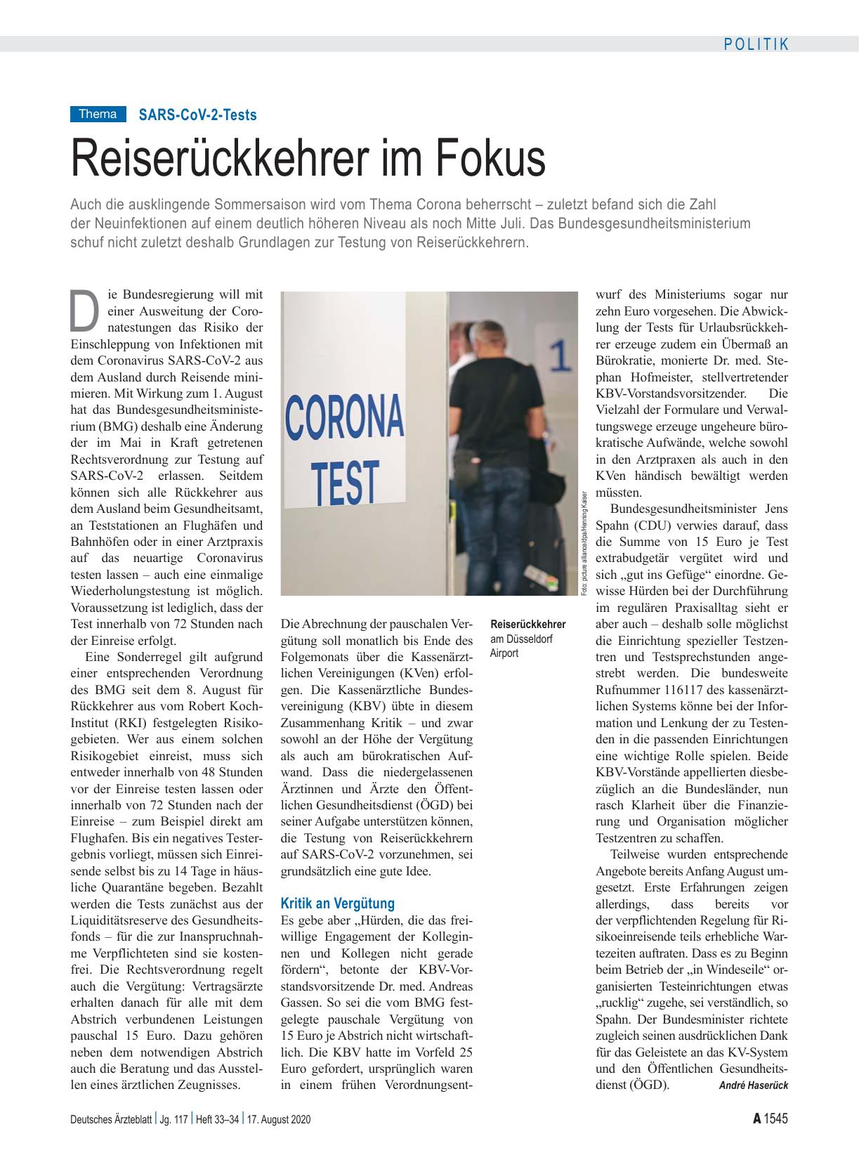 Vorschauseite 1: SARS-CoV-2-Tests: Reiserückkehrer im Fokus