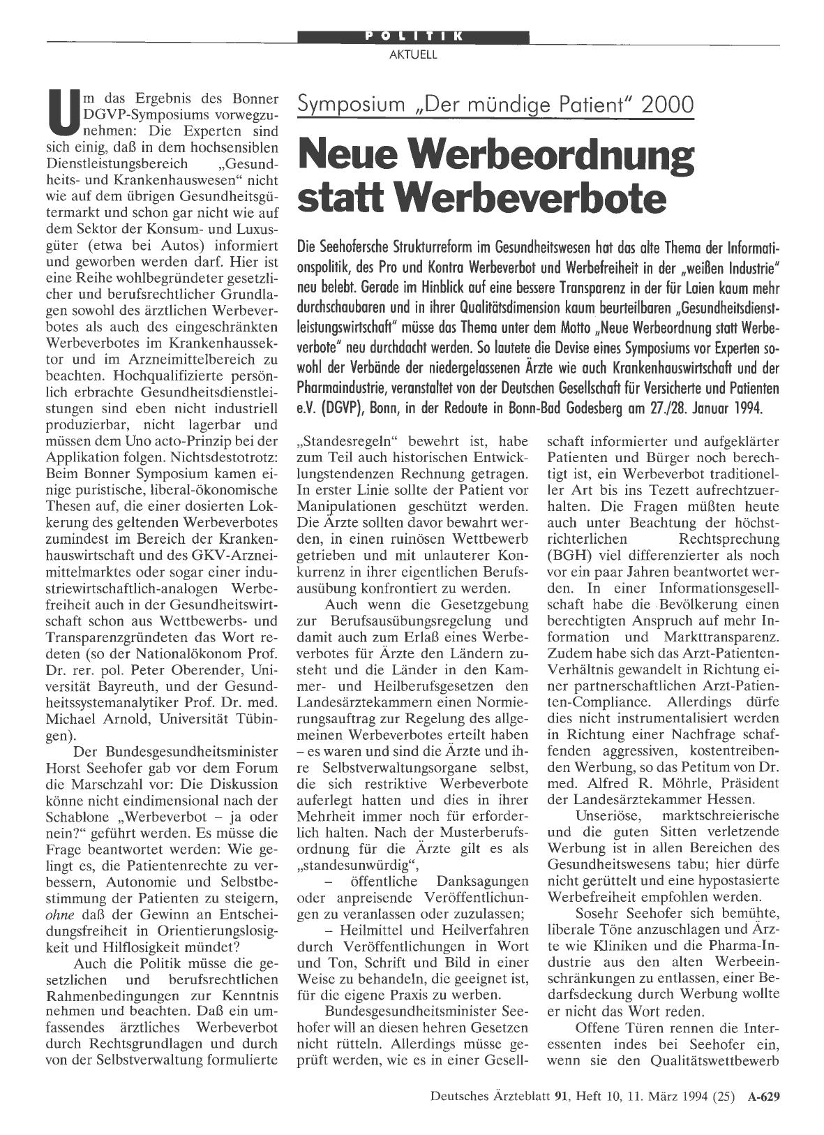 Vorschauseite 1: Symposium „Der mündige Patient“ 2000 Neue Werbeordnung statt Werbeverbote