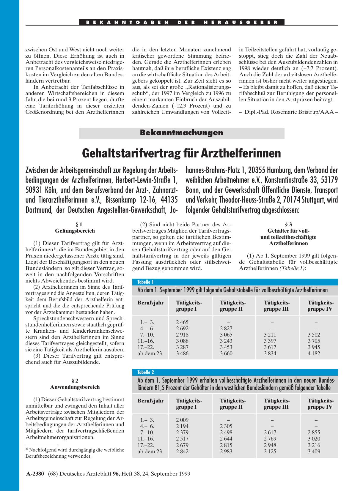 Vorschauseite 1: Gehaltstarifvertrag für Arzthelferinnen