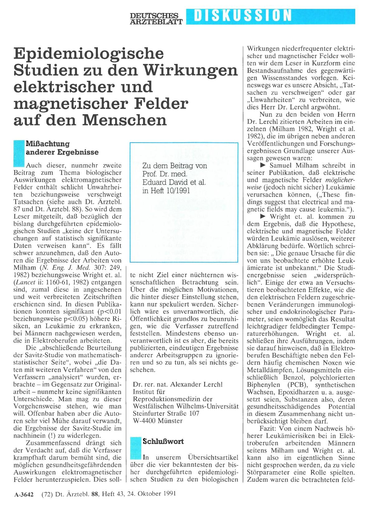 Vorschauseite 1: Epidemiologische Studien zu den Wirkungen elektrischer und magnetischer Felder auf den Menschen: Schlußwort