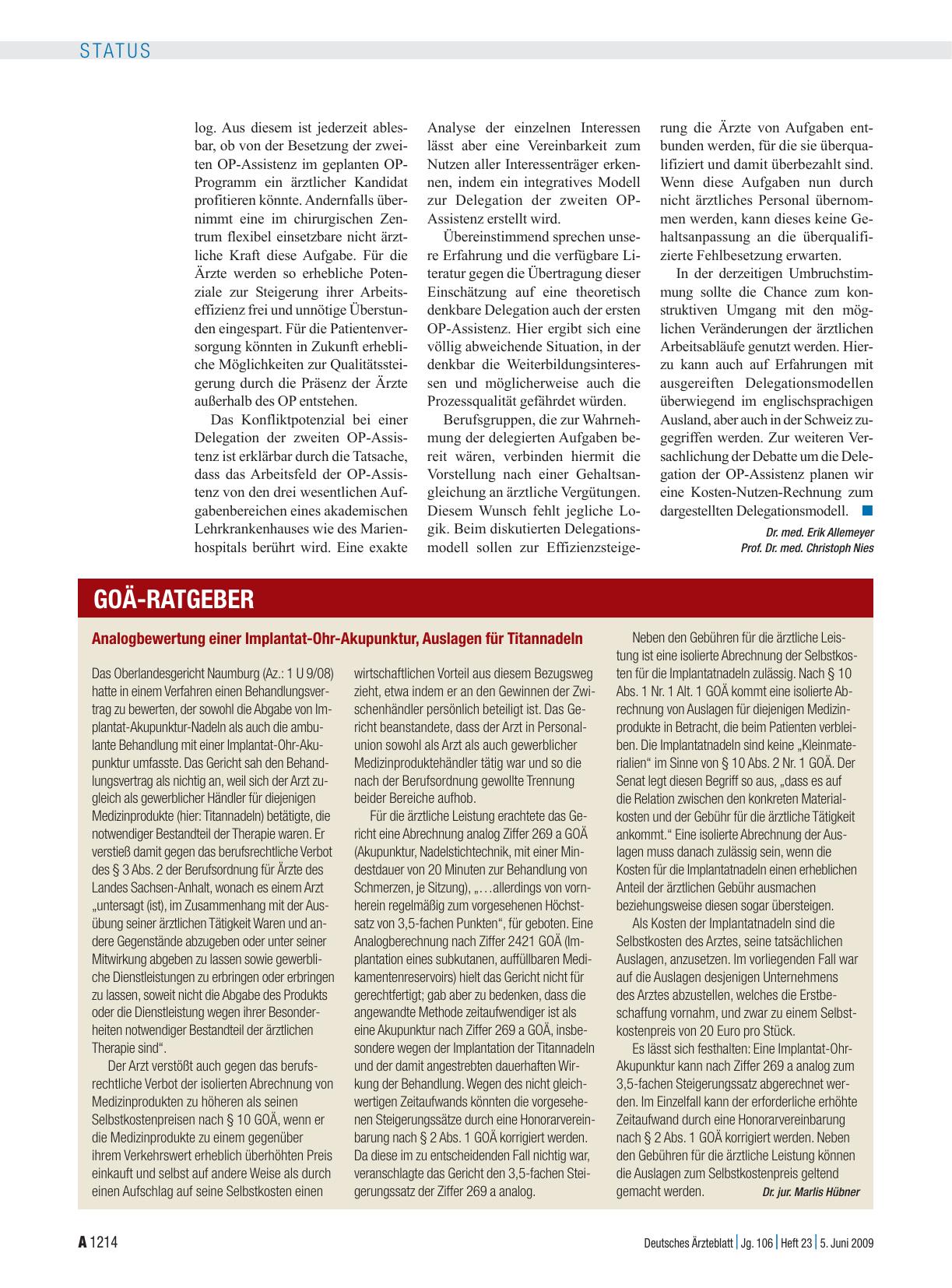 Vorschauseite 1: Analogbewertung einer Implantat-Ohr-Akupunktur, Auslagen für Titannadeln