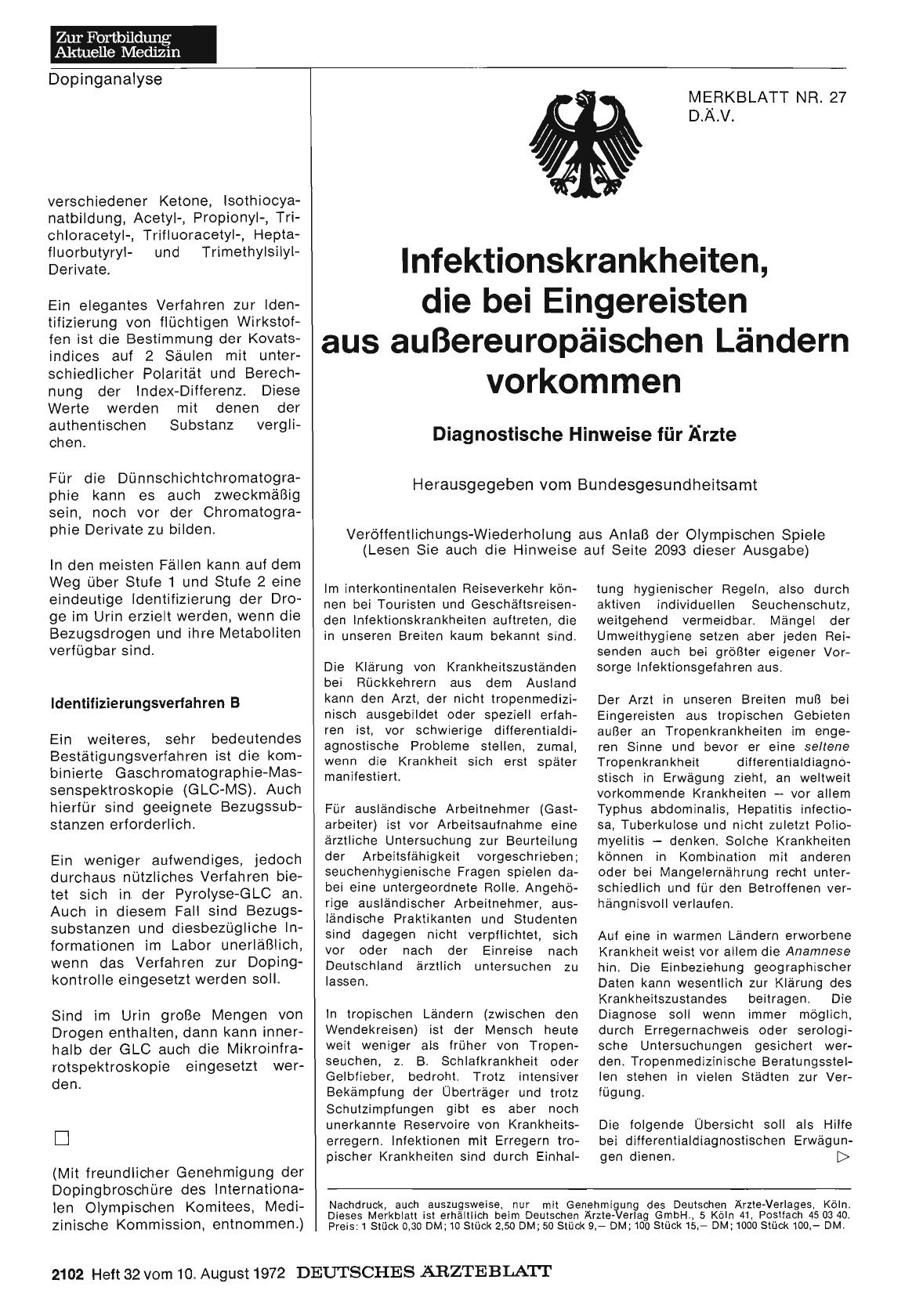Vorschauseite 1: Merkblatt Nr. 27 D. Ä. V. Infektionskrankheiten, die bei Eingereisten aus außereuropäischen Ländern vorkommen. Diagnostische Hinweise für Ärzte