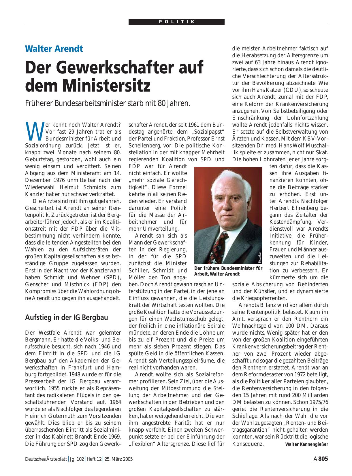 Vorschauseite 1: Walter Arendt: Der Gewerkschafter auf dem Ministersitz