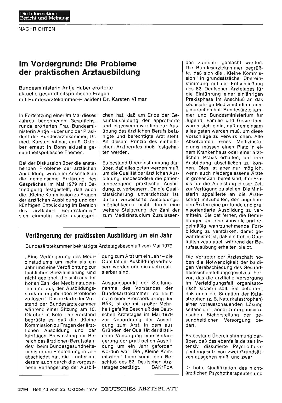 Vorschauseite 1: Verlängerung der praktischen Ausbildung um ein Jahr: Bundesärztekammer bekräftigte Ärztetagsbeschluß vom Mai 1979