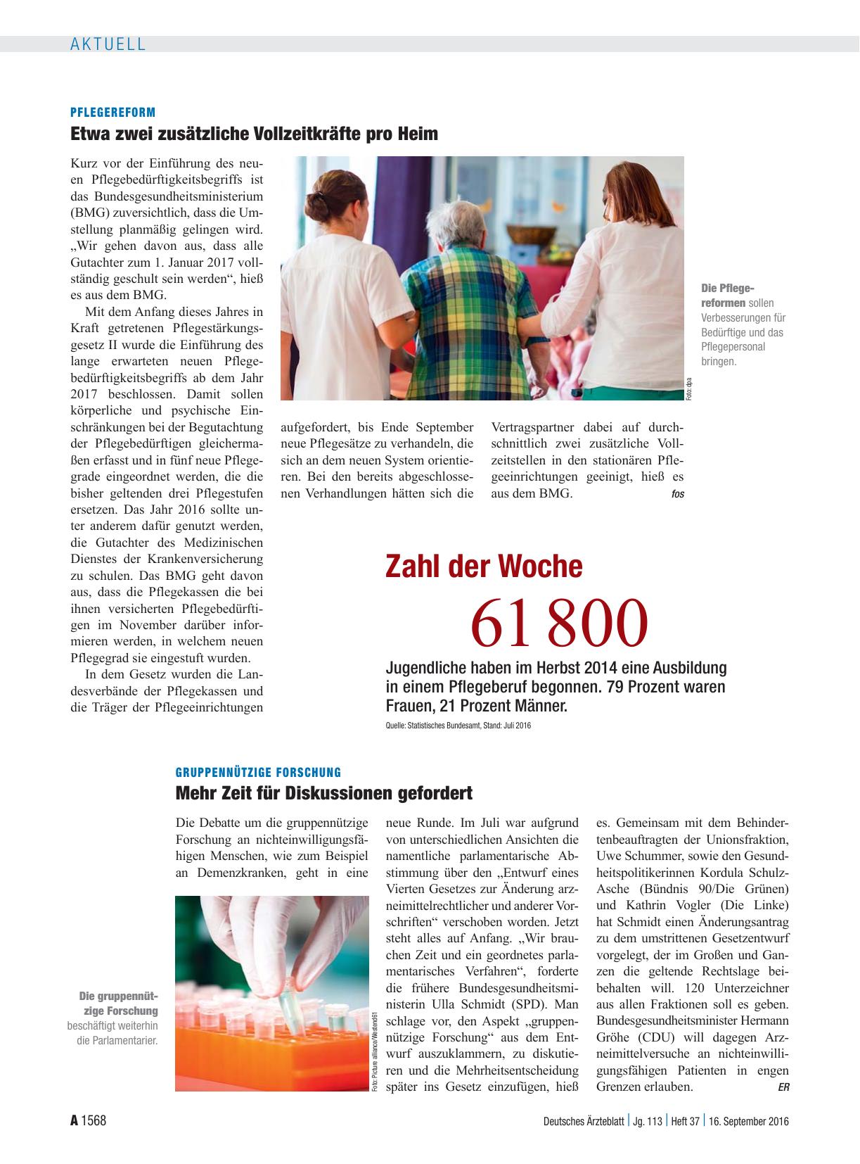 Vorschauseite 1: Pflegereform: Etwa zwei zusätzliche Vollzeitkräfte pro Heim
