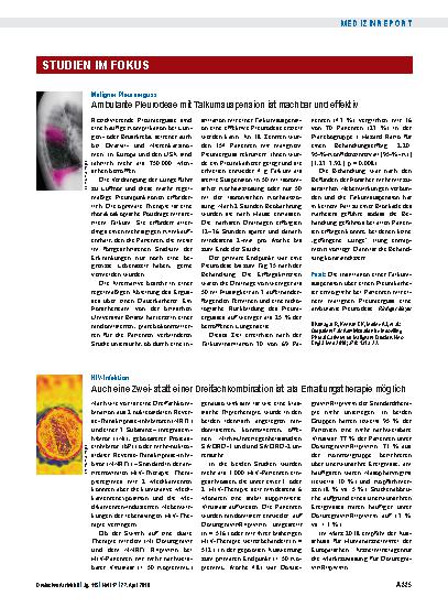 Vorschauseite 1: Maligner Pleuraerguss: Ambulante Pleurodese mit Talkumsuspension ist machbar und effektiv