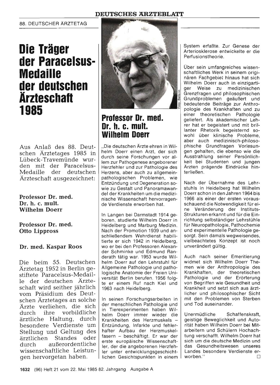 Vorschauseite 1: Die Träger der Paracelsus-Medaille der deutschen Ärzteschaft 1985