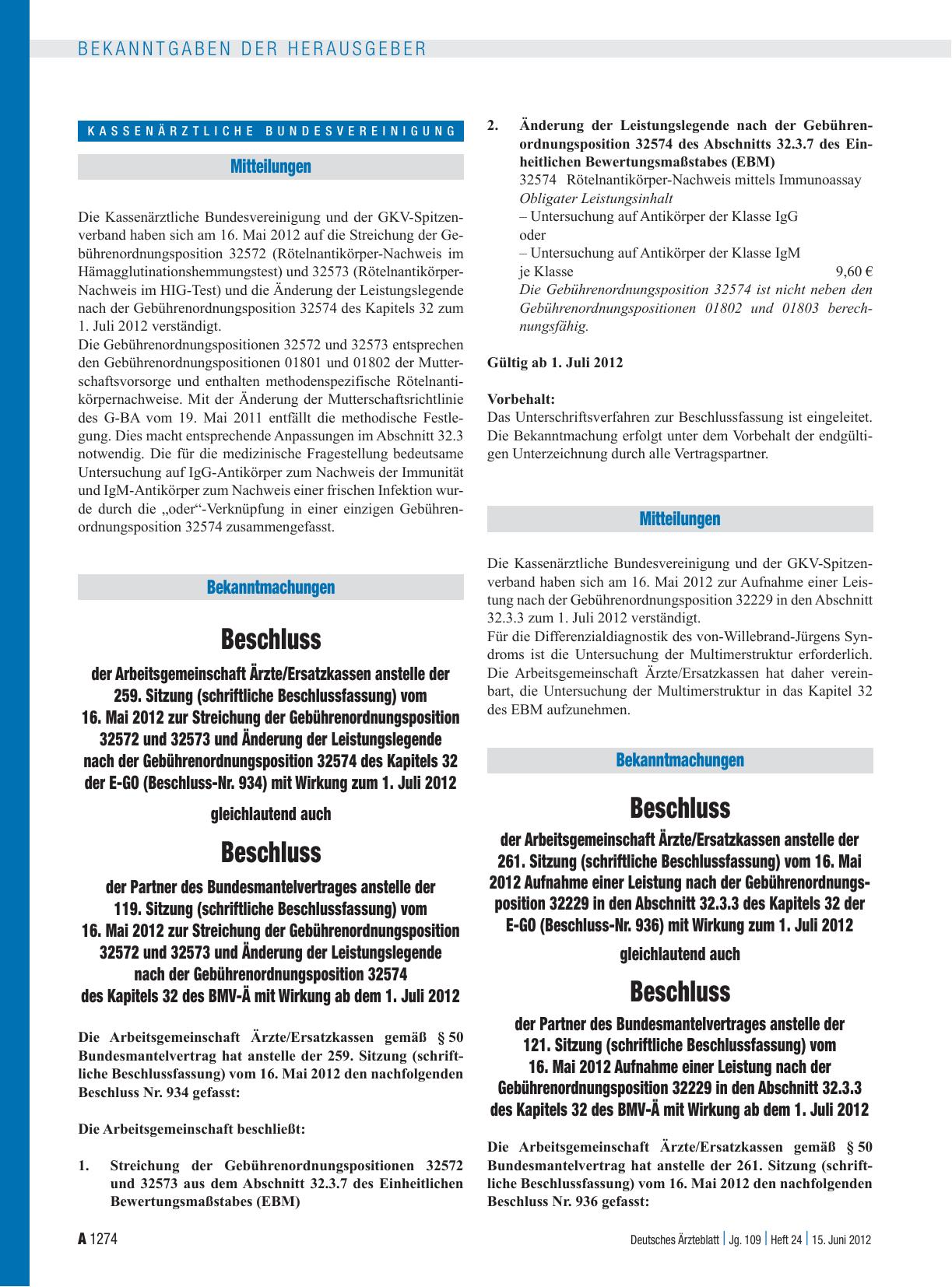 Vorschauseite 1: Beschluss der Arbeitsgemeinschaft Ärzte/Ersatzkassen anstelle der 259. Sitzung (schriftliche Beschlussfassung) vom 16. Mai 2012 zur Streichung der Gebührenordnungsposition 32572 u…