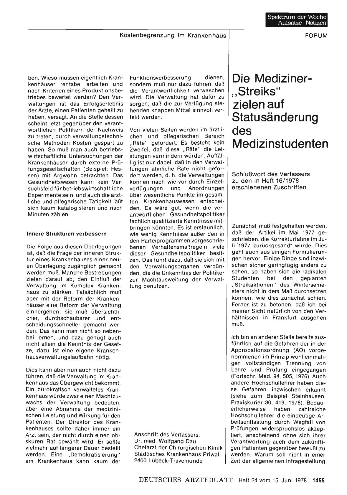 Vorschauseite 1: Die Mediziner- „Streiks” zielen auf Statusänderung des Medizinstudenten