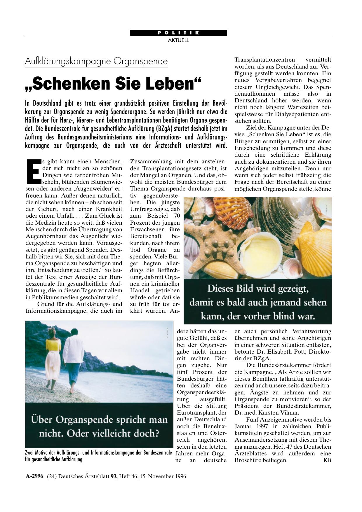 Vorschauseite 1: Aufklärungskampagne Organspende: „Schenken Sie Leben“