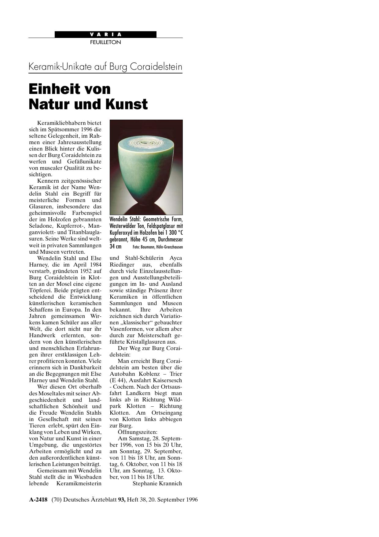 Vorschauseite 1: Keramik-Unikate auf Burg Coraidelstein: Einheit von Natur und Kunst