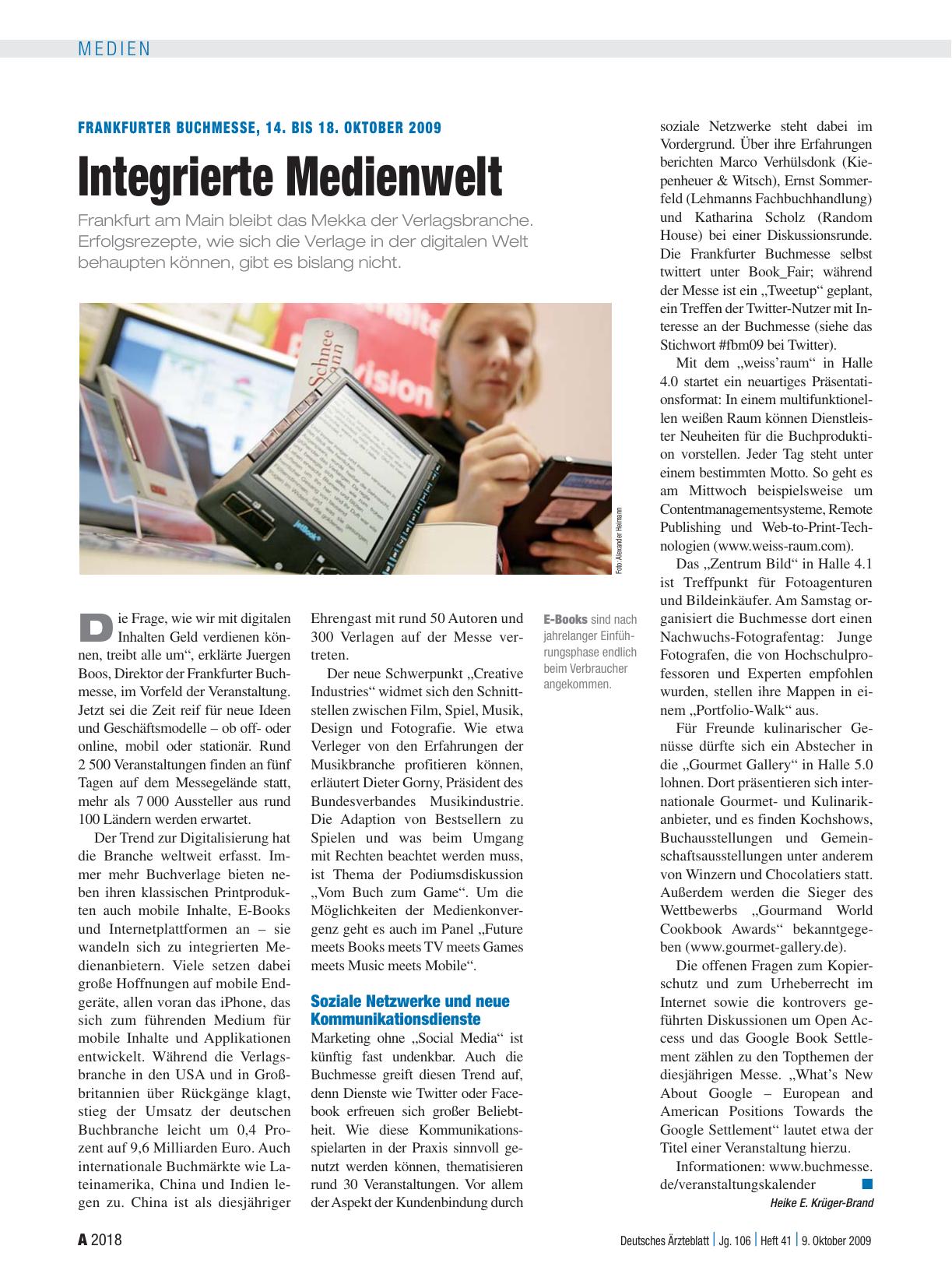 Vorschauseite 1: Frankfurter Buchmesse, 14. bis 18. Oktober 2009: Integrierte Medienwelt