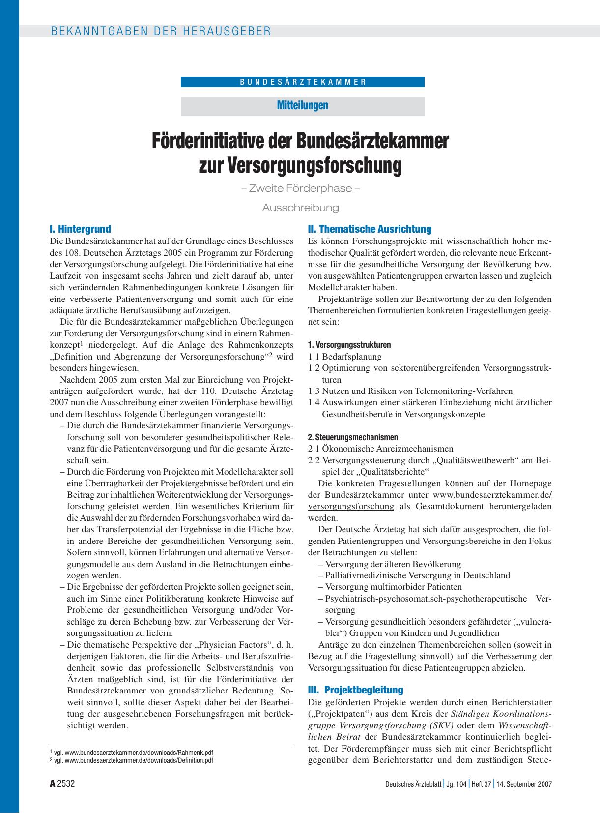 Vorschauseite 1: Mitteilungen: Förderinitiative der Bundesärztekammer zur Versorgungsforschung – Zweite Förderphase – Ausschreibung
