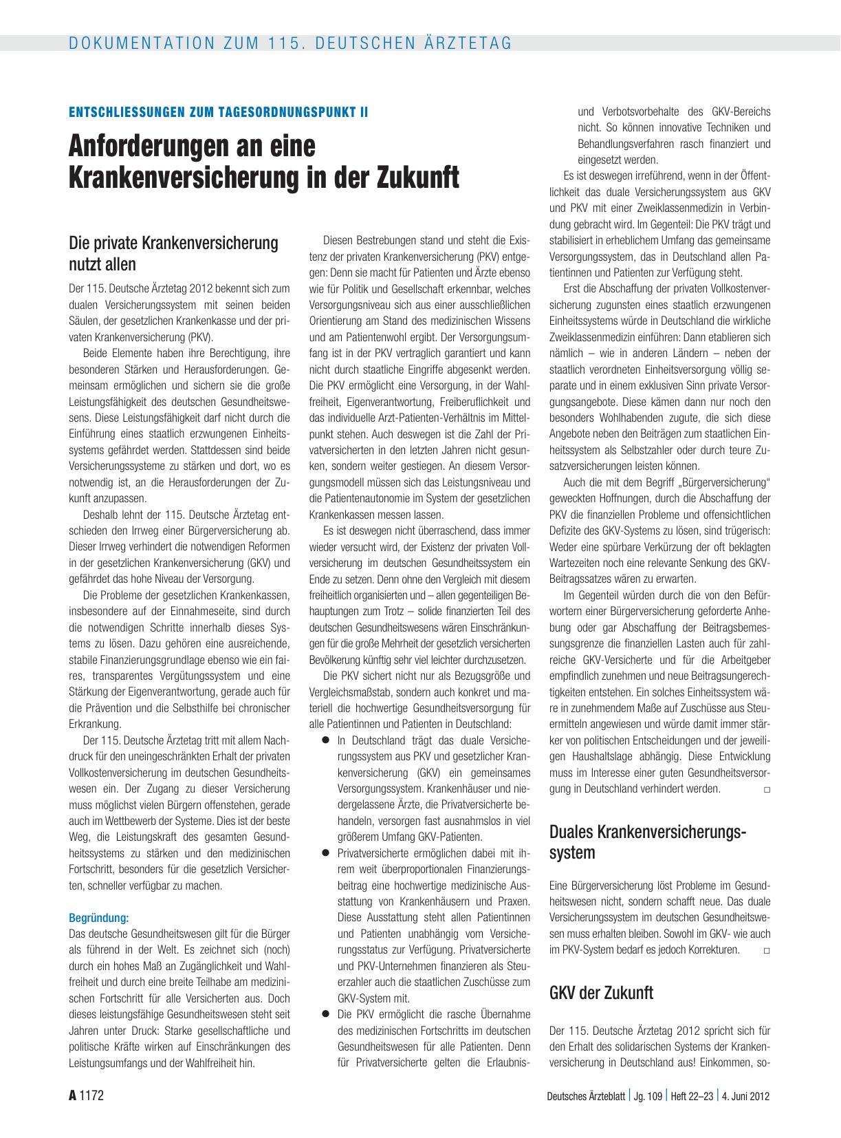 Vorschauseite 1: Entschließungen zum Tagesordnungspunkt II: Anforderungen an eine Krankenversicherung in der Zukunft