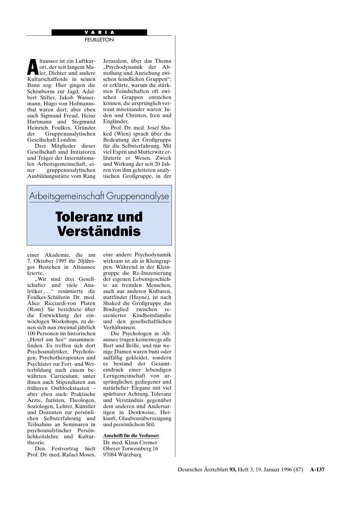 Vorschauseite 1: Arbeitsgemeinschaft Gruppenanalyse: Toleranz und Verständnis