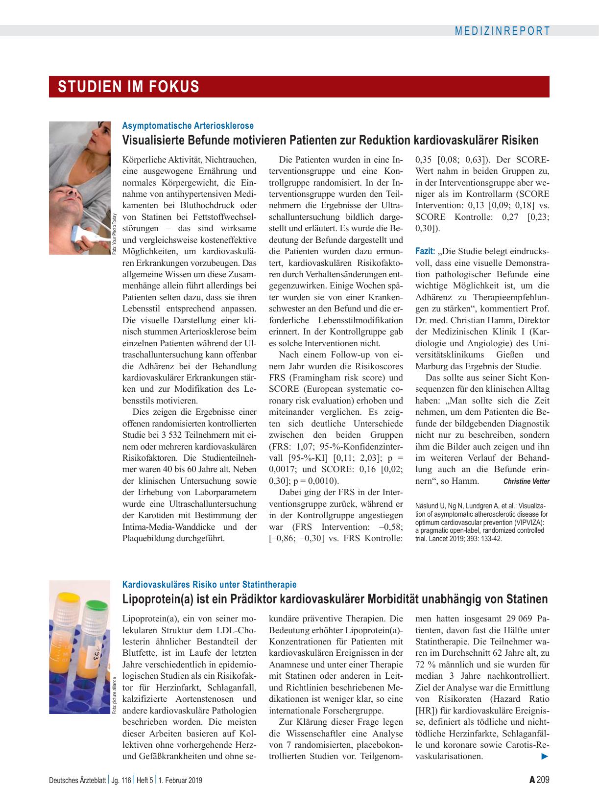 Vorschauseite 1: Asymptomatische Arteriosklerose: Visualisierte Befunde motivieren Patienten zur Reduktion kardiovaskulärer Risiken