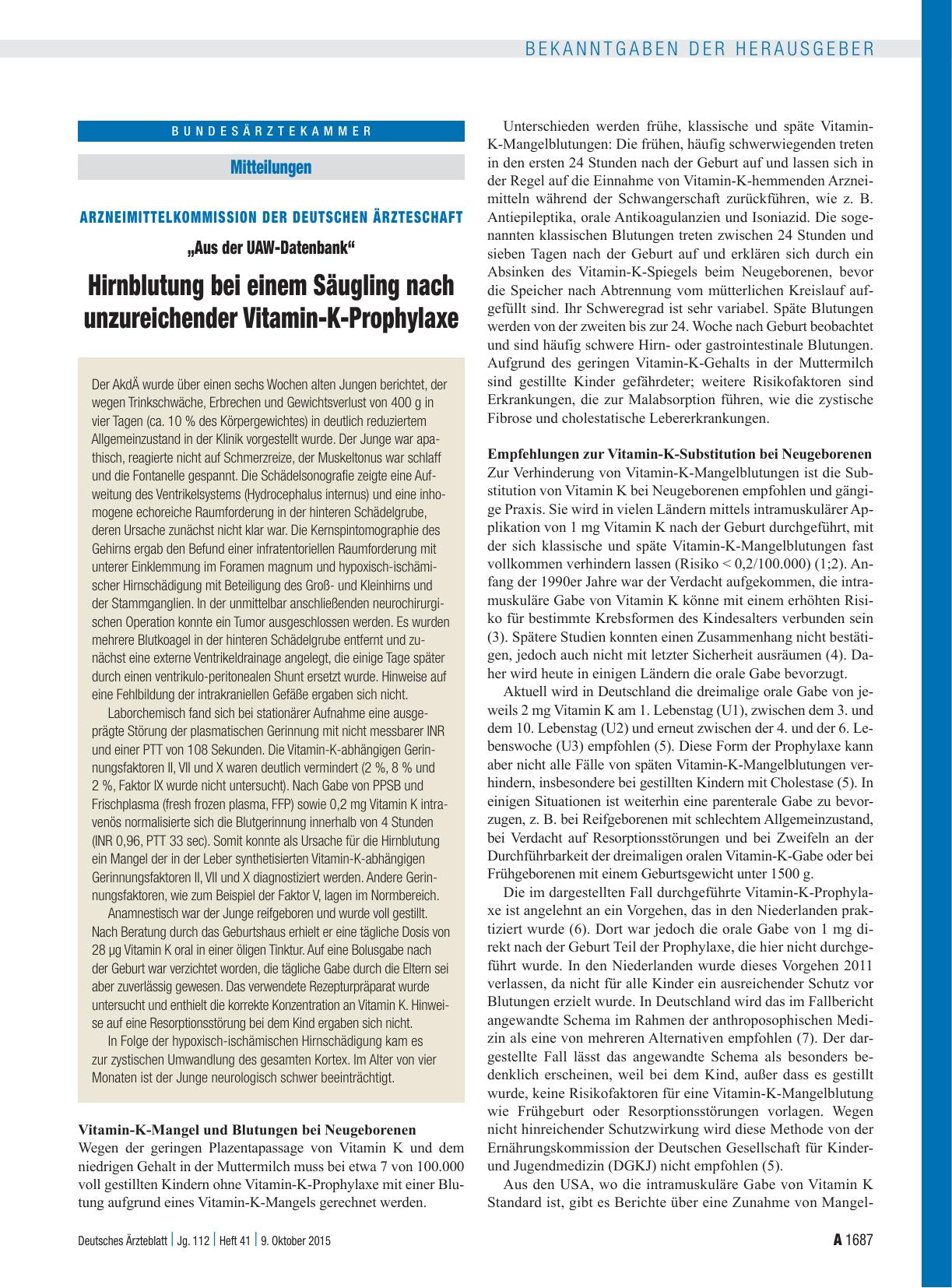 Vorschauseite 1: Arzneimittelkommission der Deutschen Ärzteschaft: „Aus der UAW-Datenbank“ Hirnblutung bei einem Säugling nach unzureichender Vitamin-K-Prophylaxe