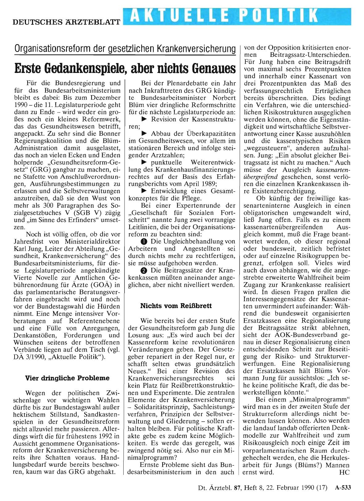 Vorschauseite 1: Organisationsreform der gesetzlichen Krankenversicherung: Erste Gedankenspiele, aber nichts Genaues