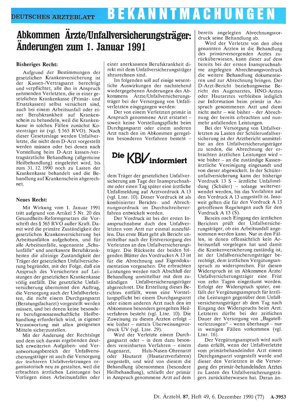 Vorschauseite 1: Abkommen Ärzte/linfaversicherungsträger: Änderungen zum 1. Januar 1991