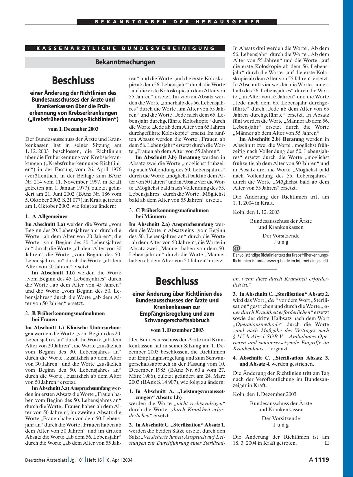 Vorschauseite 1: Beschluss einer Änderung über Richtlinien des Bundesausschusses der Ärzte und Krankenkassen zur Empfängnisregelung und zum Schwangerschaftsabbruch