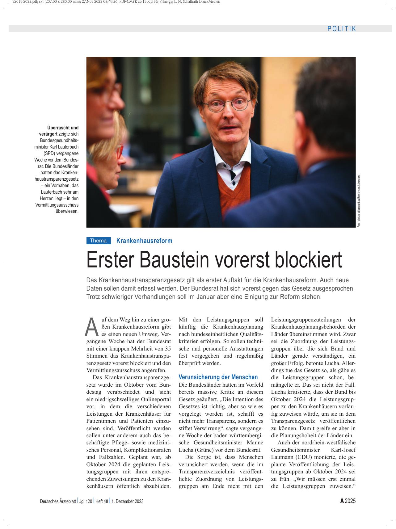 Vorschauseite 1: Krankenhausreform: Erster Baustein vorerst blockiert