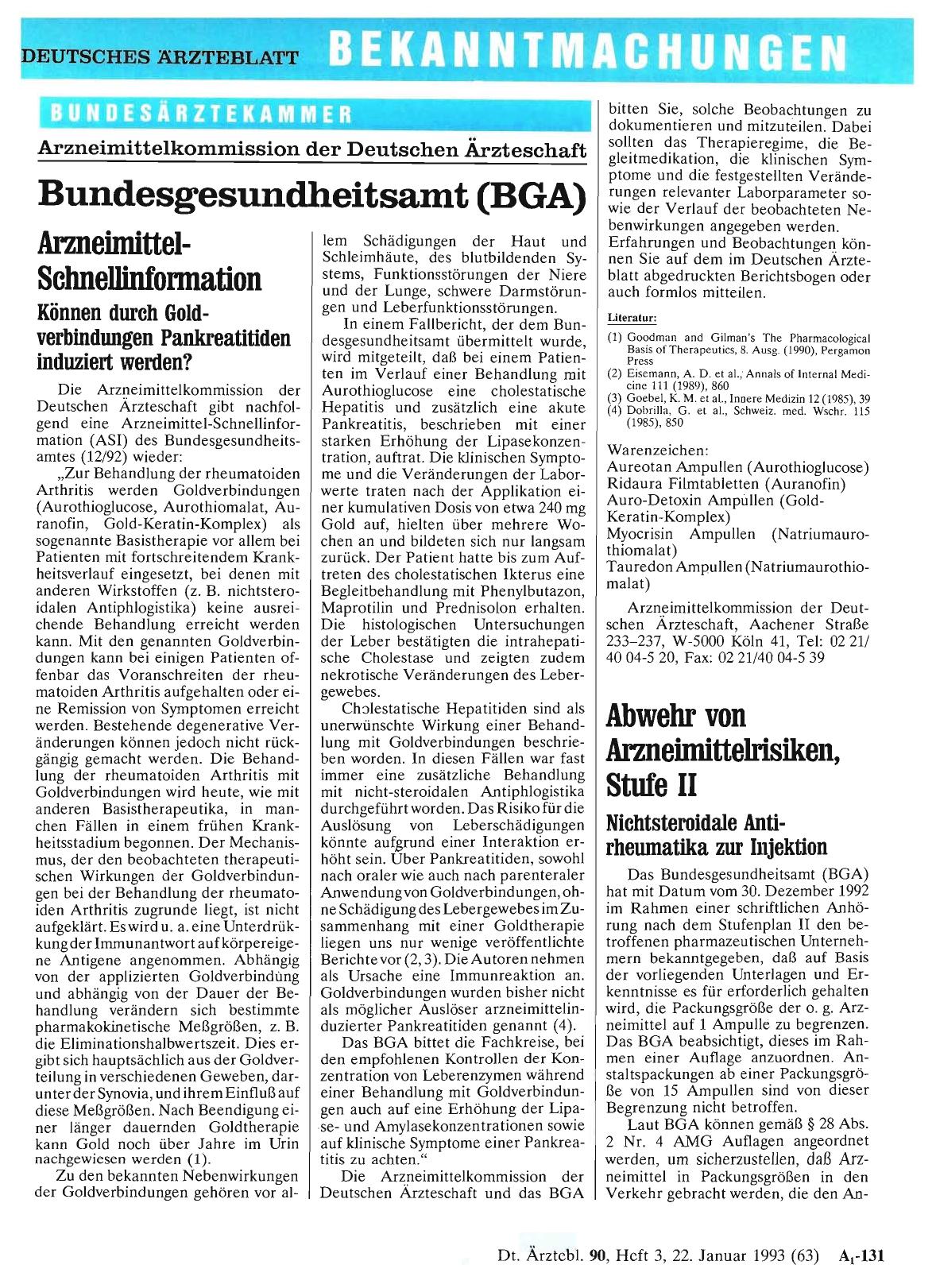 Vorschauseite 1: Bundesgesundheitsamt (BGA): Arzneimittel-Schnellinformation Können durch Goldverbindungen Pankreatitiden induziert werden?