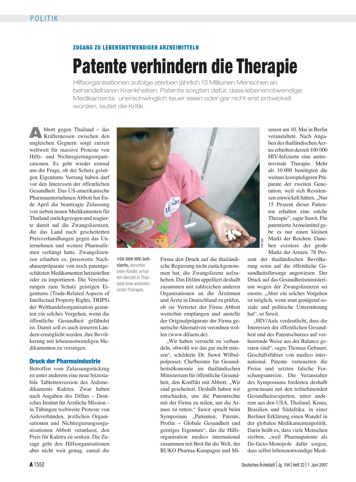 Vorschauseite 1: Zugang zu lebensnotwendigen Arzneimitteln: Patente verhindern die Therapie