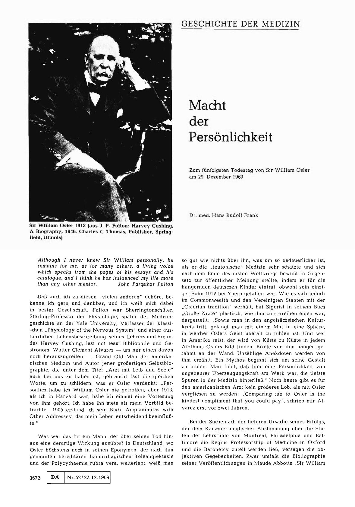 Vorschauseite 1: Macht der Persönlichkeit: Zum fünfzigsten Todestag von Sir William Osler am 29. Dezember 1969