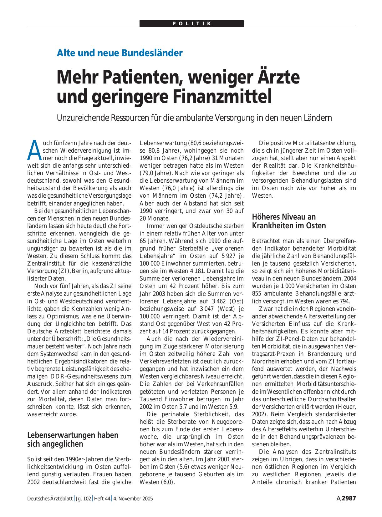Vorschauseite 1: Alte und neue Bundesländer: Mehr Patienten, weniger Ärzte und geringere Finanzmittel