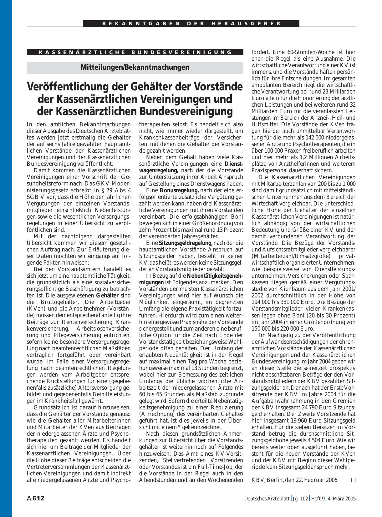 Vorschauseite 1: Mitteilungen/Bekanntmachungen: Veröffentlichung der Gehälter der Vorstände der Kassenärztlichen Vereinigungen und der Kassenärztlichen Bundesvereinigung