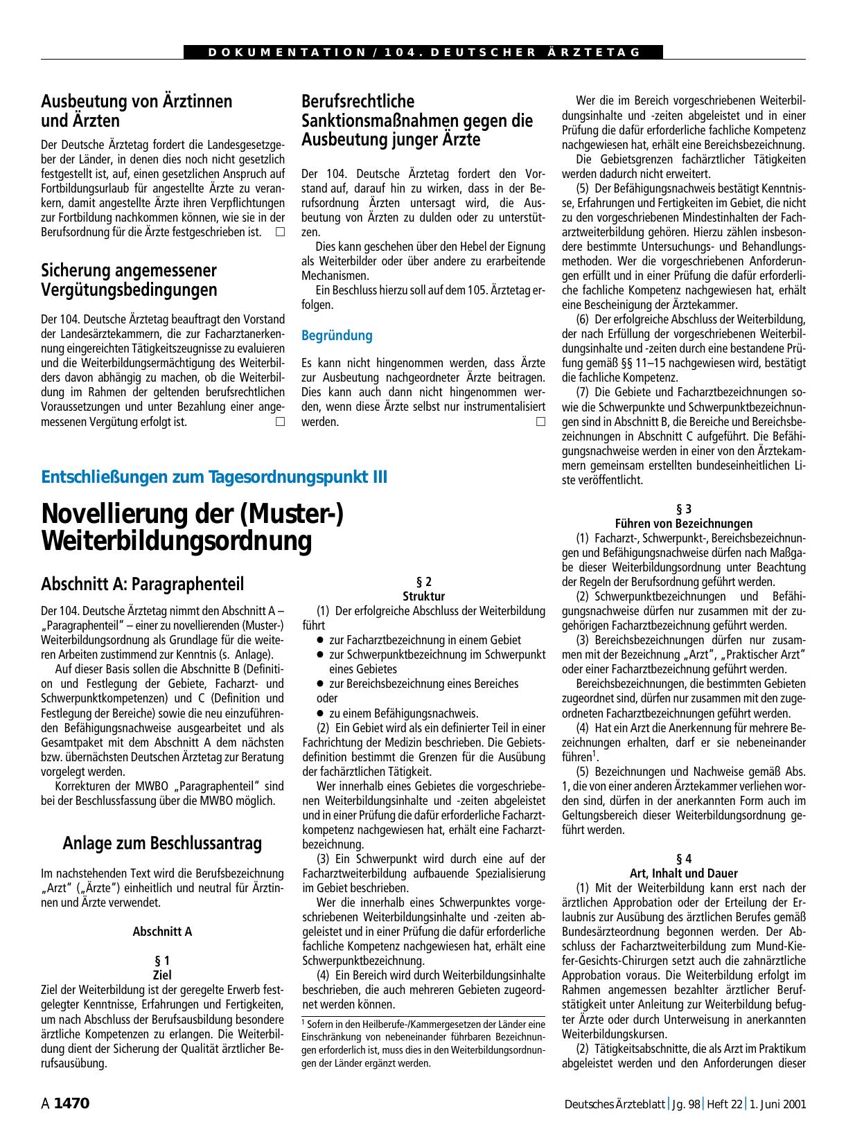 Vorschauseite 1: Entschließungen zum Tagesordnungspunkt III: Novellierung der (Muster-) Weiterbildungsordnung