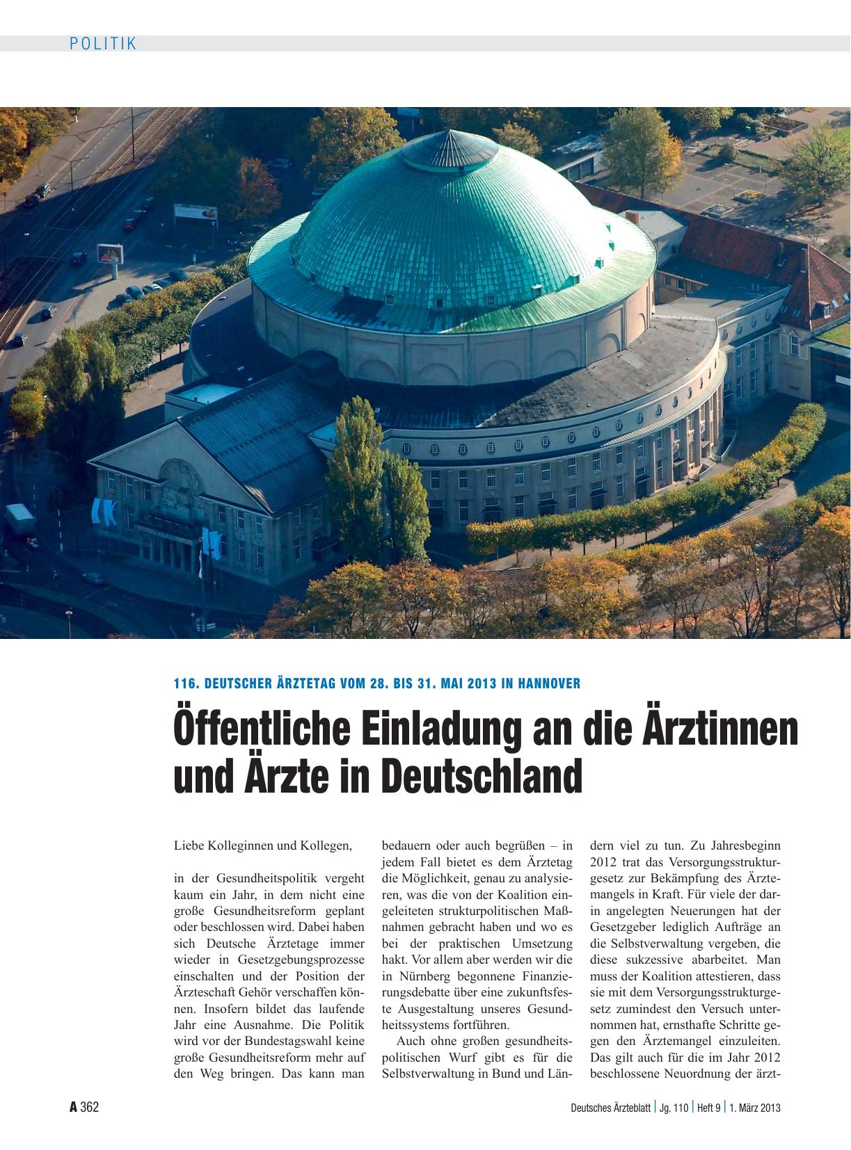 Vorschauseite 1: 116. Deutscher Ärztetag vom 28. bis 31. Mai 2013 in Hannover: Öffentliche Einladung an die Ärztinnen und Ärzte in Deutschland