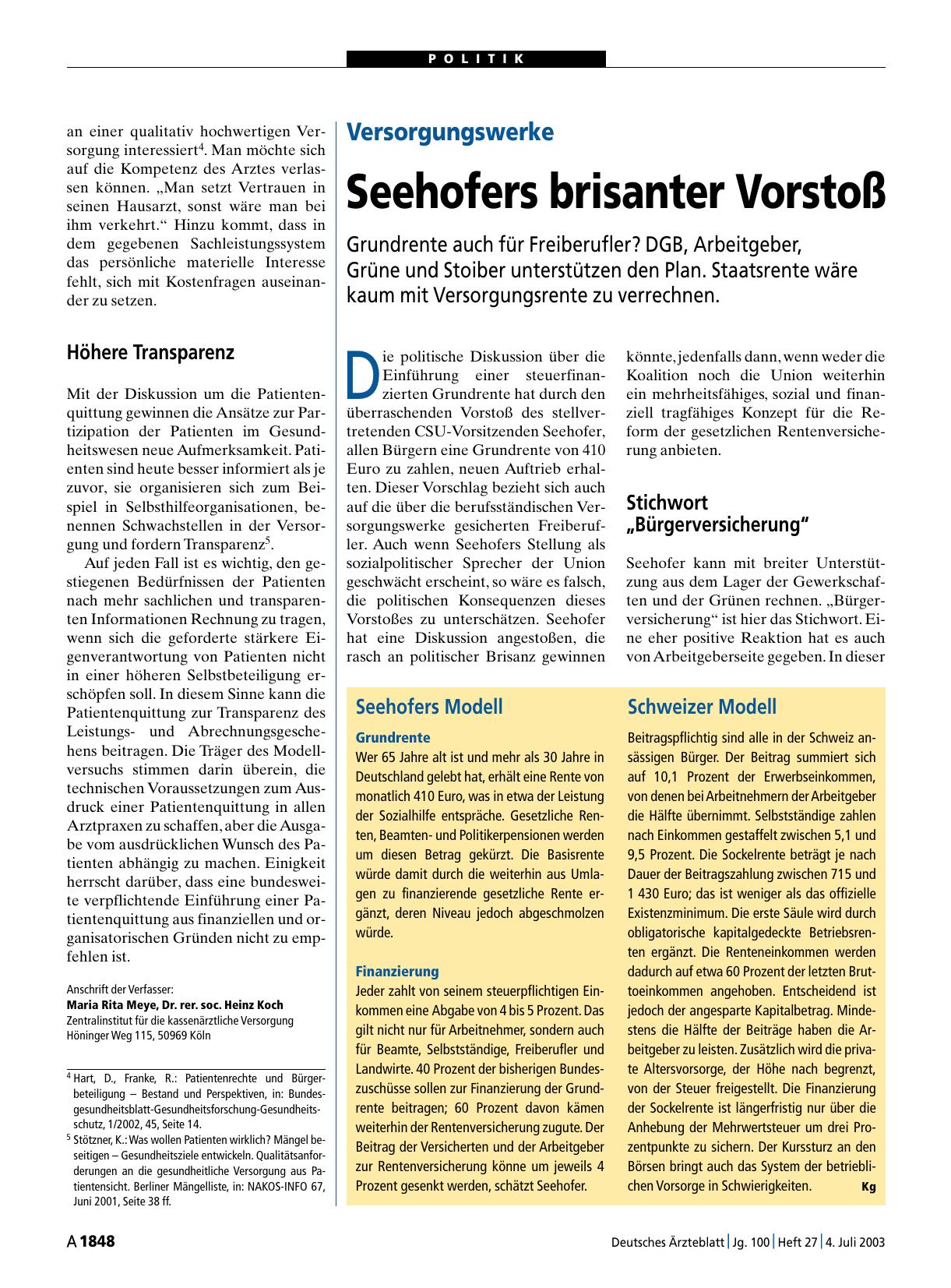 Vorschauseite 1: Seehofers Modell – Schweizer Modell
