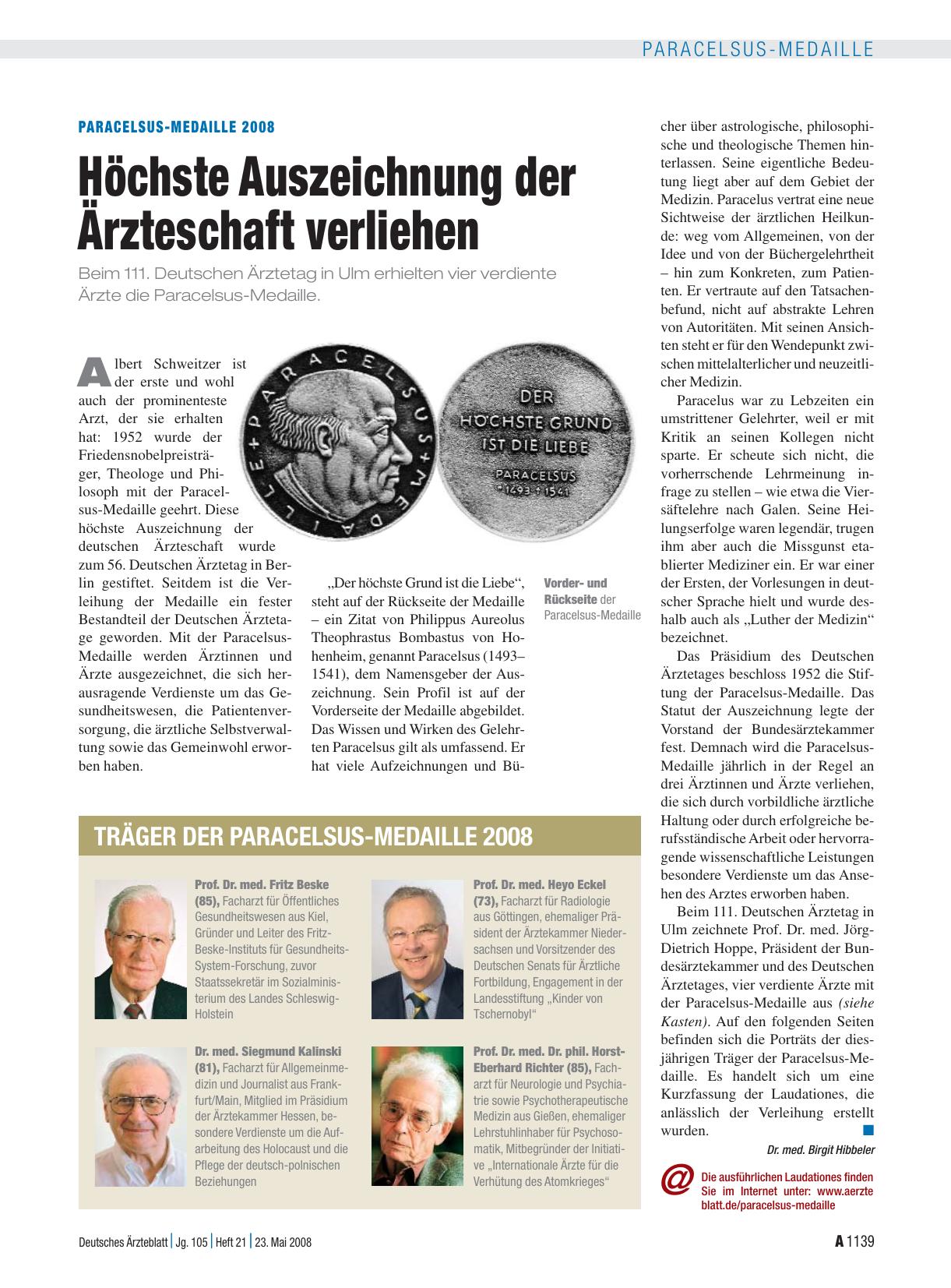 Vorschauseite 1: Paracelsus-Medaille 2008: Höchste Auszeichnung der Ärzteschaft verliehen