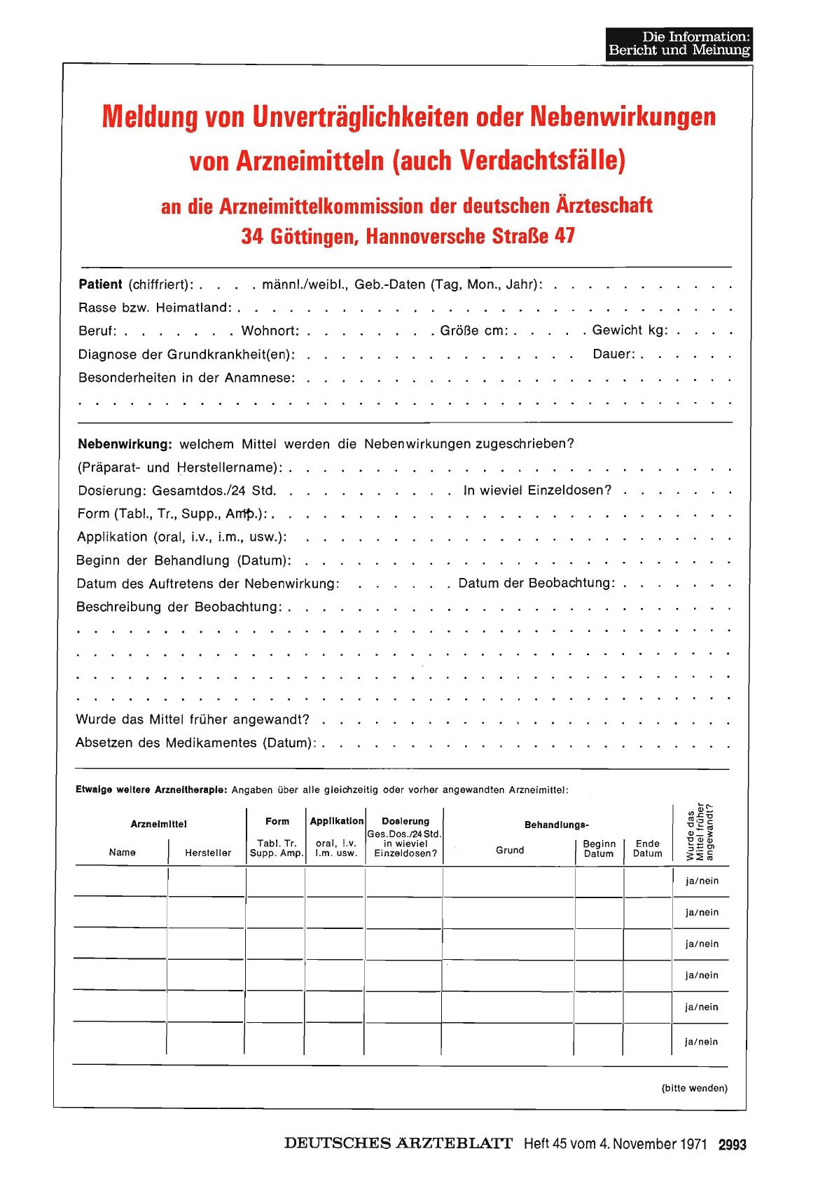 Vorschauseite 1: Meldung von Unverträglichkeiten oder Nebenwirkungen von Arzneimitteln