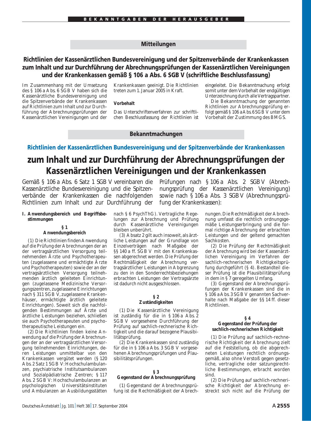 Vorschauseite 1: Mitteilungen: Richtlinien der Kassenärztlichen Bundesvereinigung und der Spitzenverbände der Krankenkassen zum Inhalt und zur Durchführung der Abrechnungsprüfungen der Kassenärztl…
