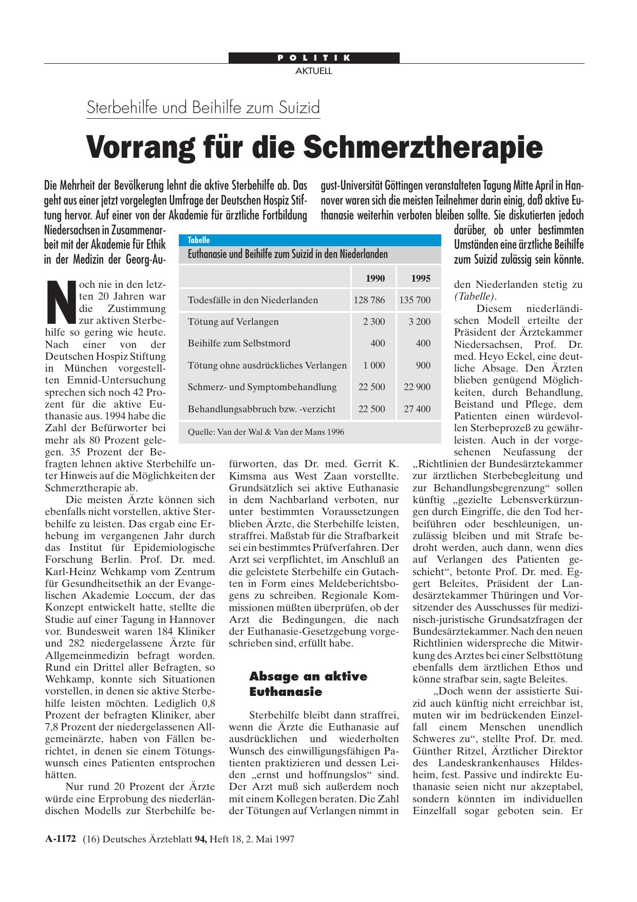 Vorschauseite 1: Sterbehilfe und Beihilfe zum Suizid: Vorrang für die Schmerztherapie